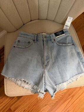 Abercrombie & Fitch the 90s relaxed cut off Light Blue Denim Frayed Hem Shorts